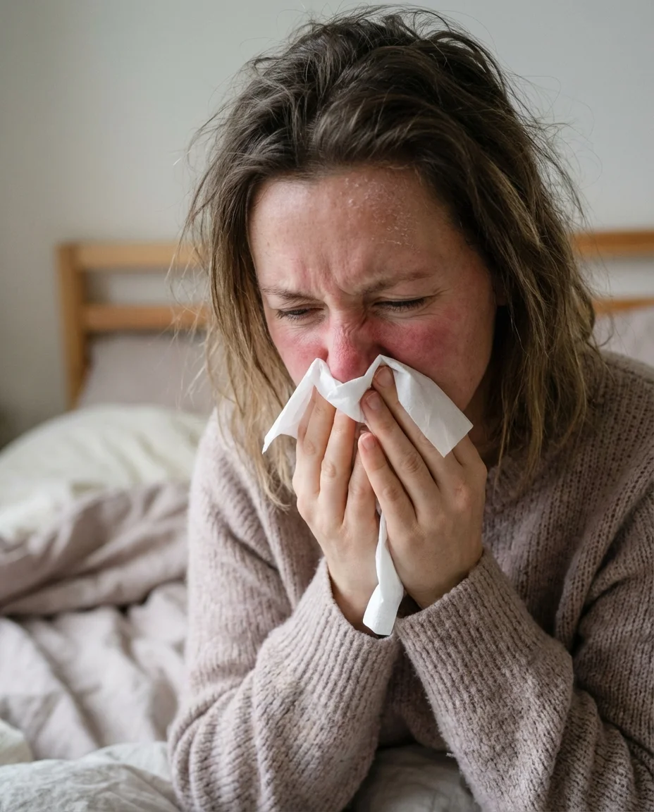 Frau mit gereizter Haut und Allergie-Symptomen am Bett