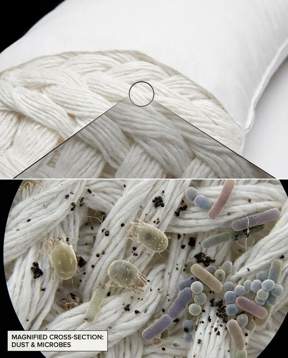 Kissen und vergrößerte Darstellung von Staub, Milben und Mikroben im Stoff